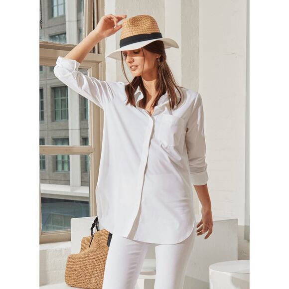 LYSSÉ Schiffer Button Down Shirt Size L White Stretch Top Staple Timeless Career - Picture 6 of 14